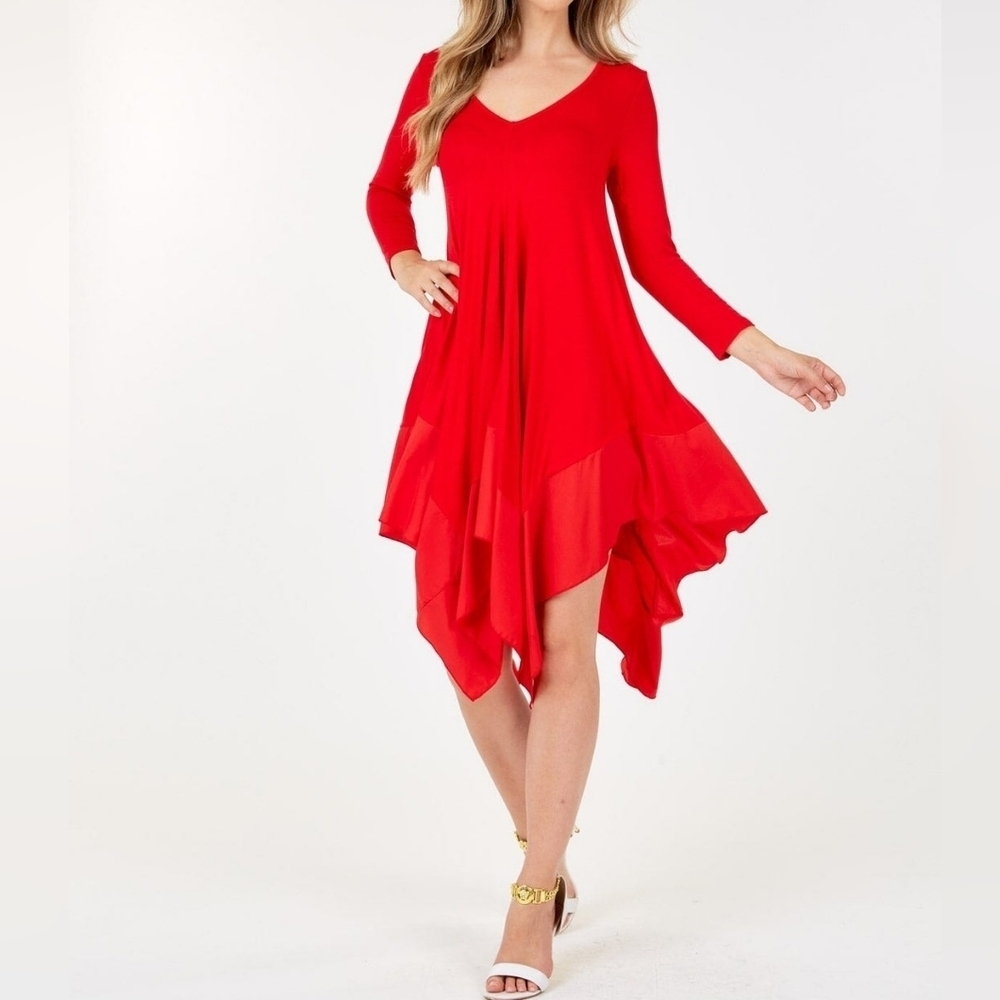 CqbyCq Long Sleeve V-Neck Crimson Red Asymmetrical Dress
